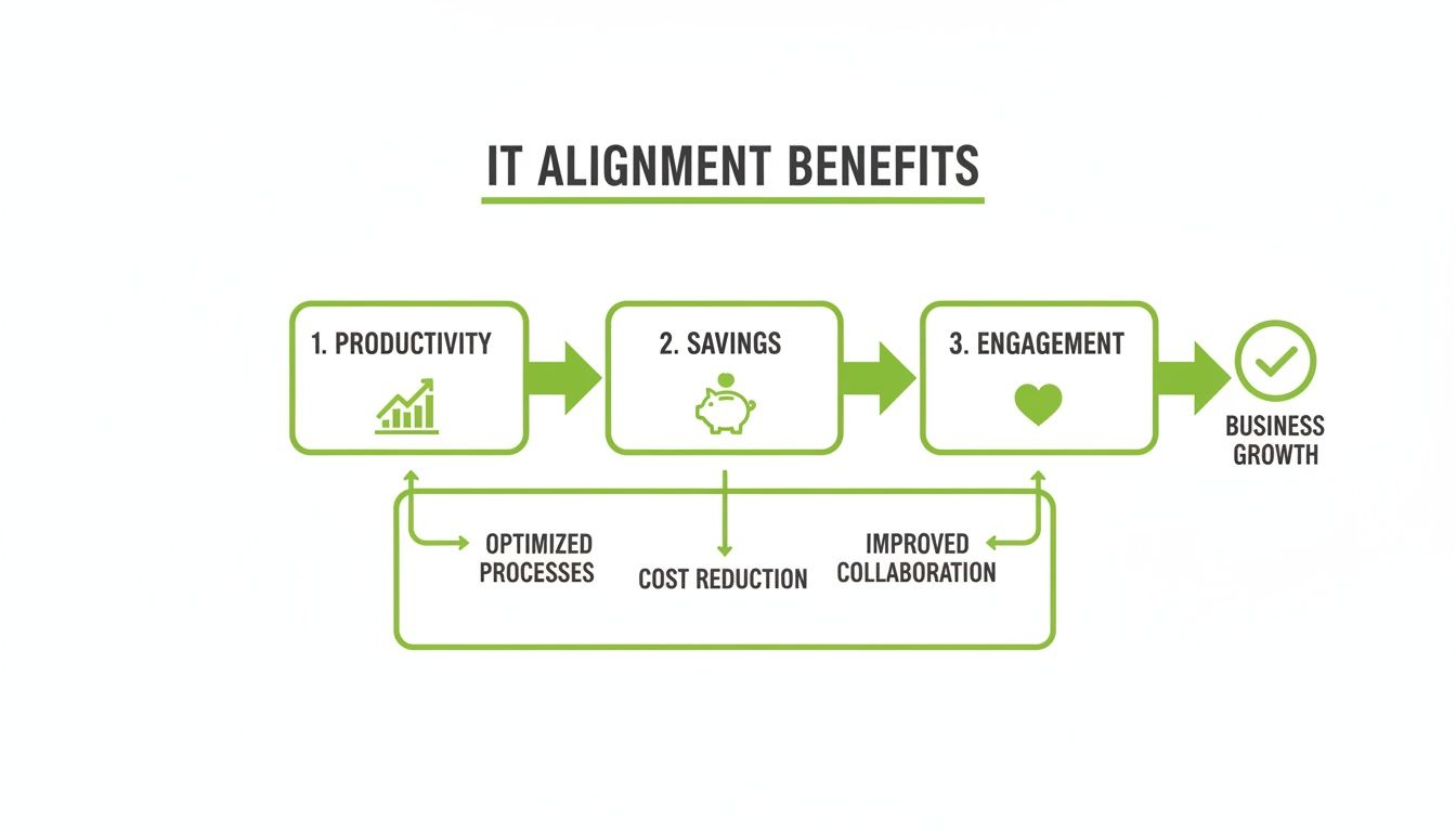 Flowchart illustrating IT alignment benefits: productivity, savings, and engagement, leading to business growth.