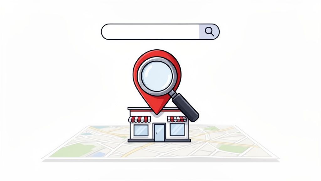 An illustration of a search bar, a magnifying glass over a shop with a location pin, on a map, representing local business search.