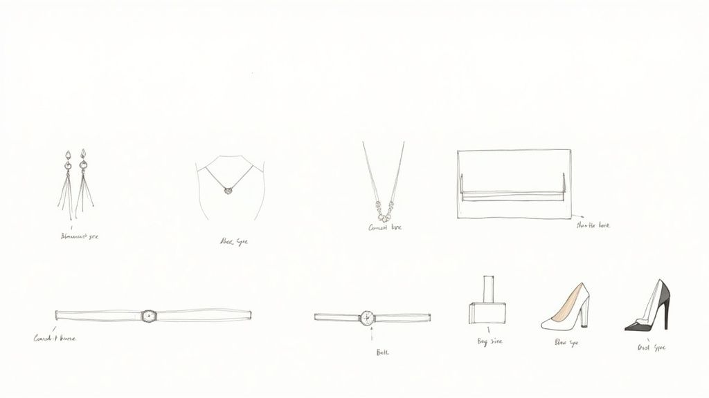 Detailed sketches of various fashion accessories, including earrings, necklaces, belts, a clutch, and high heels.