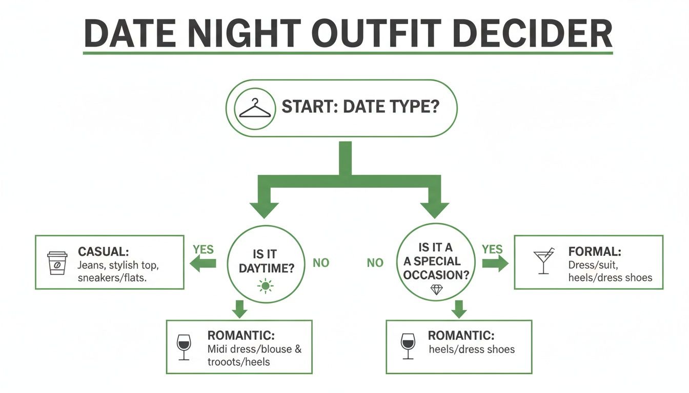 Flowchart guiding date night outfit decisions based on date type, time, and occasion.