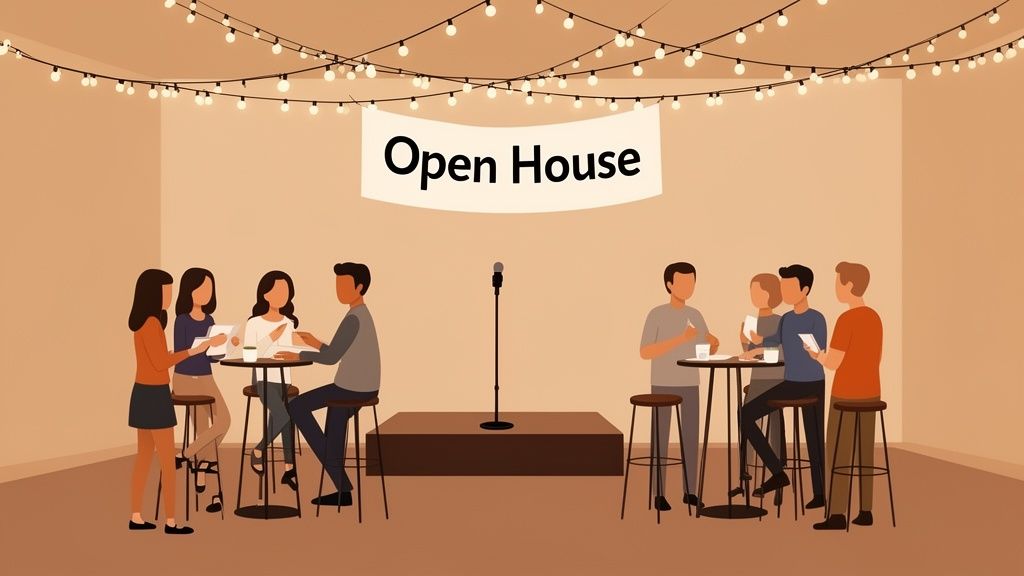An 'Open House' event with people socializing around high tables, and a stage with a microphone.