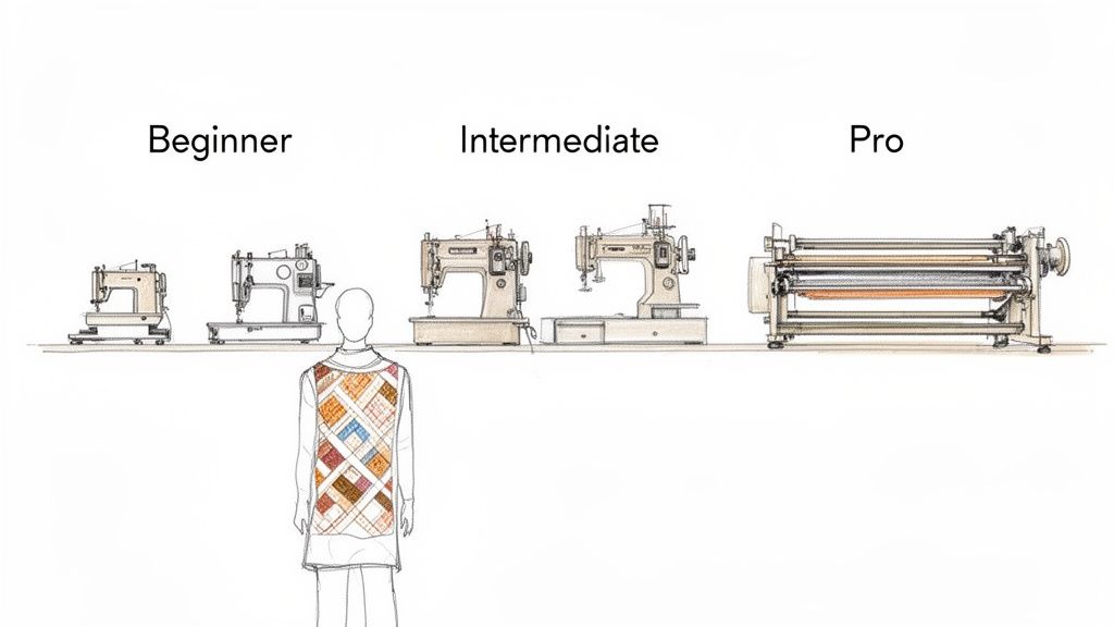 Illustration showing the evolution of sewing machines for quilting, from beginner to professional models.
