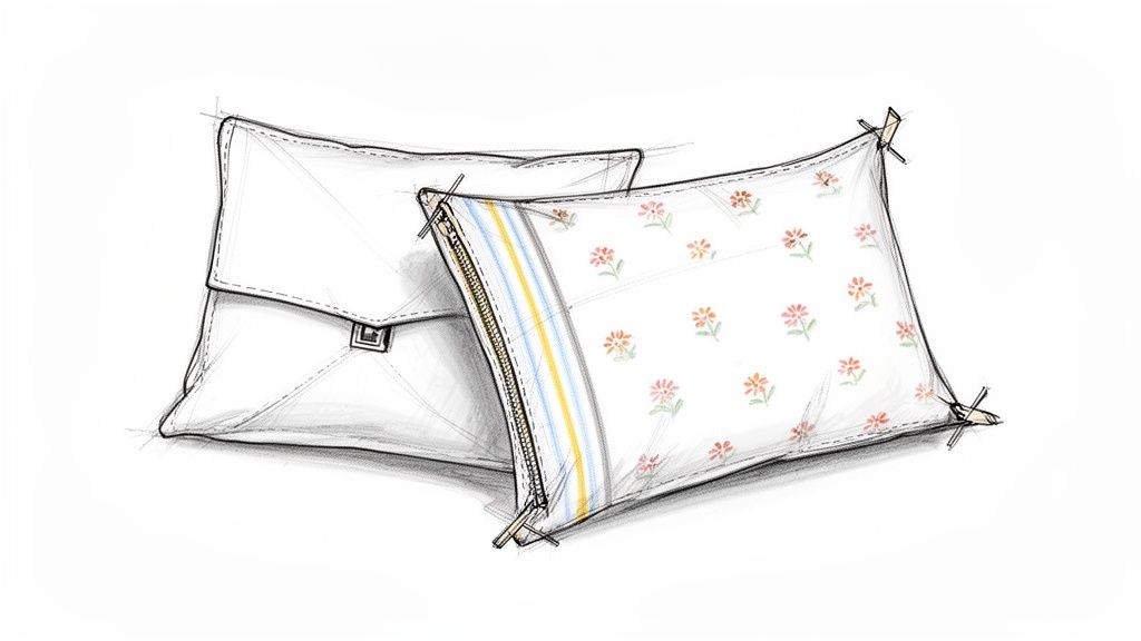 A detailed sketch showing two decorative pillows, one plain with a clasp, and one floral with a zipper.