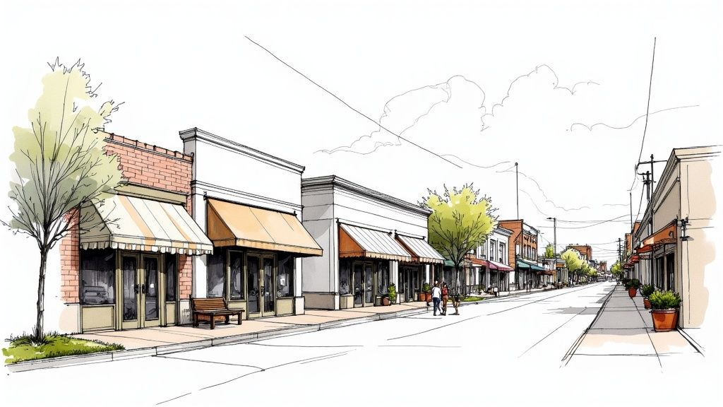 A charming view of Main Street in the Jenks Ten District with boutique shops and cafes