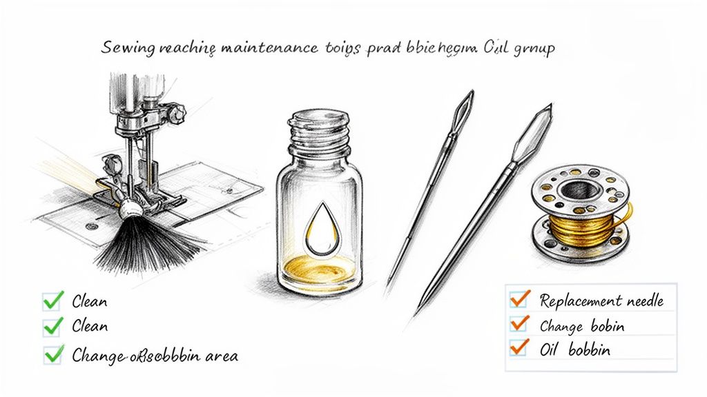 A detailed sketch showing sewing machine maintenance tools: brush cleaning, oil, needles, and bobbin, with maintenance checklists.