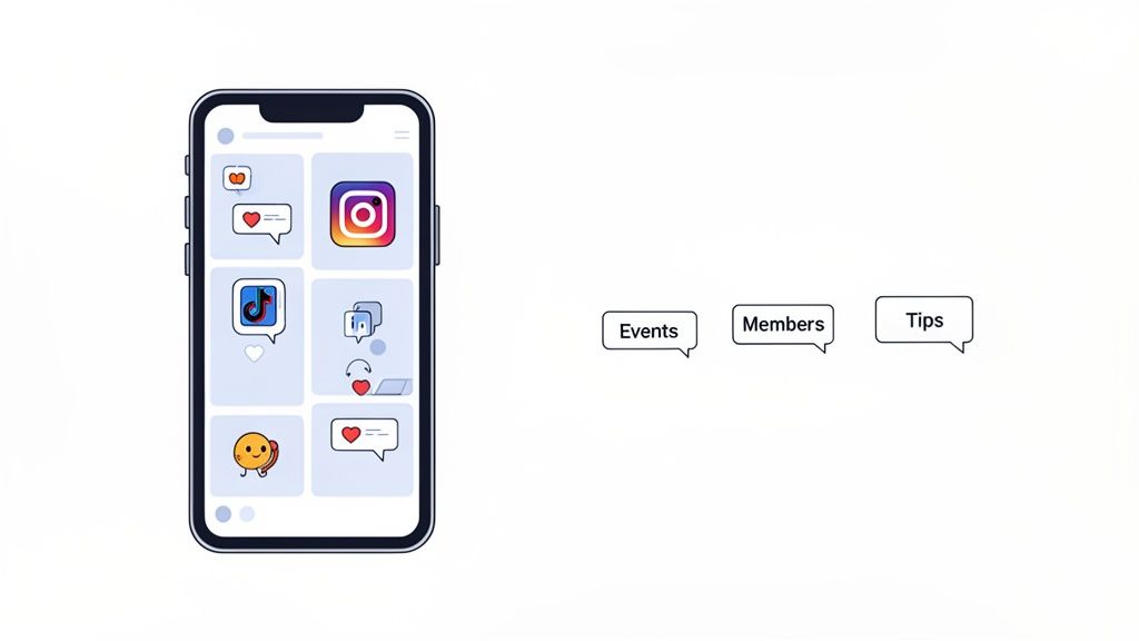 A smartphone shows social media platform icons like Instagram and TikTok, with a person interacting with business engagement features.