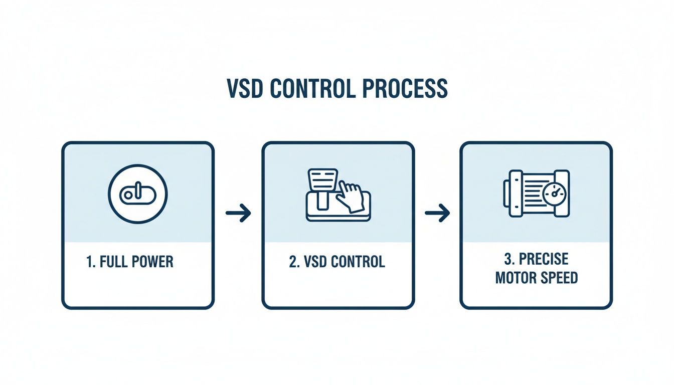 A diagram illustrates the VSD control process from full power, through VSD control, to precise motor speed.