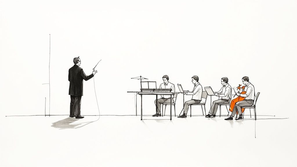 Teacher presenting to students working on laptops in modern classroom setting illustration