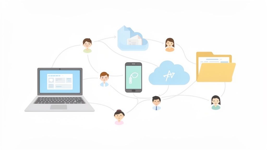 A diverse group of professionals working collaboratively around a table with laptops, tablets, and smartphones, representing seamless data sharing across devices.