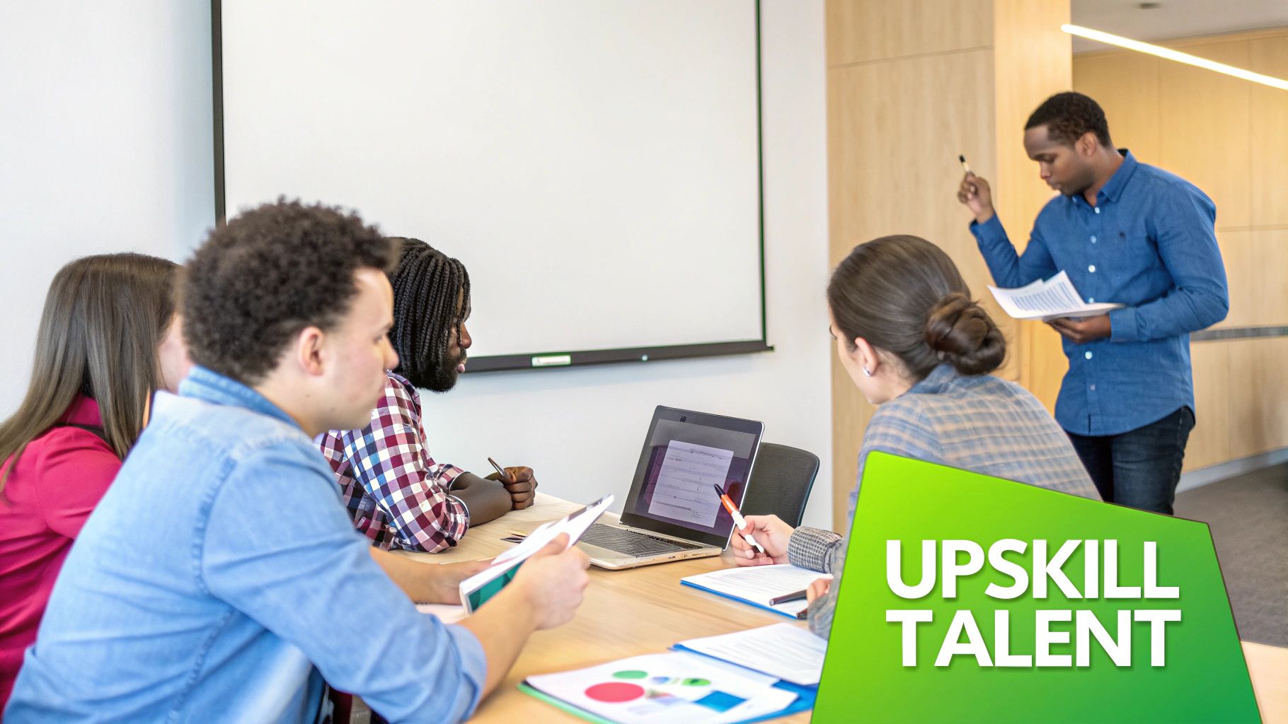 Diverse group of young professionals collaborating in a meeting or training session, focused on upskilling.