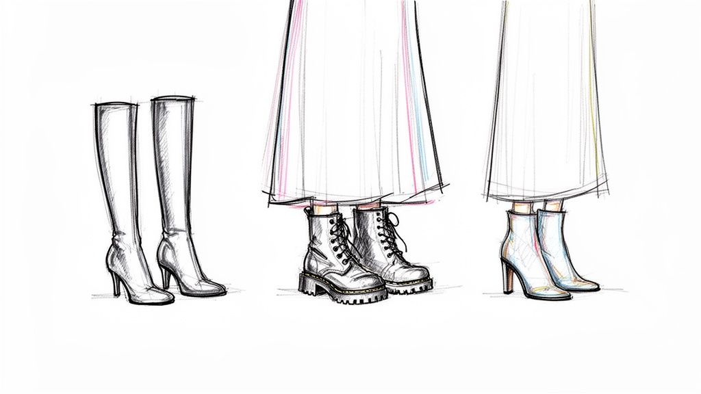 Illustration showing three pairs of women's boots: knee-high, combat, and heeled ankle boots, paired with skirts.