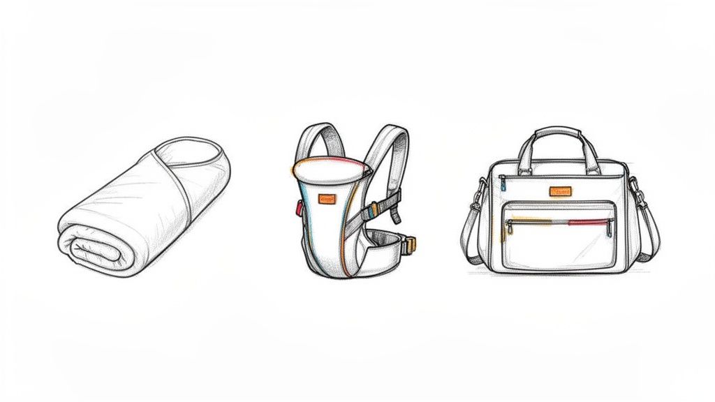 Three essential baby items: a rolled swaddle blanket, a baby carrier, and a diaper bag.