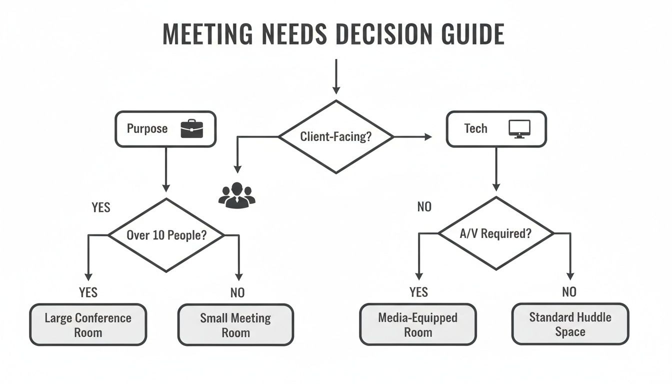 A meeting needs decision guide flowchart for selecting the right room based on client-facing, attendees, and A/V requirements.