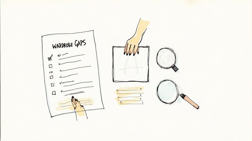 A woman mindfully considers a piece of clothing while shopping in a bright, modern boutique.