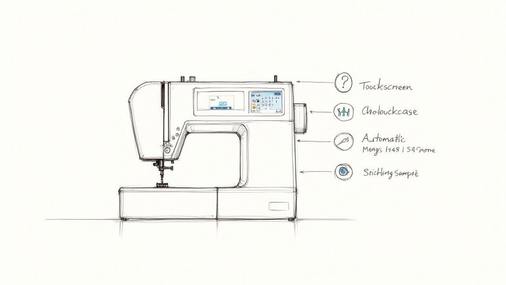 A sewing machine in use, with a person's hands guiding fabric under the needle.