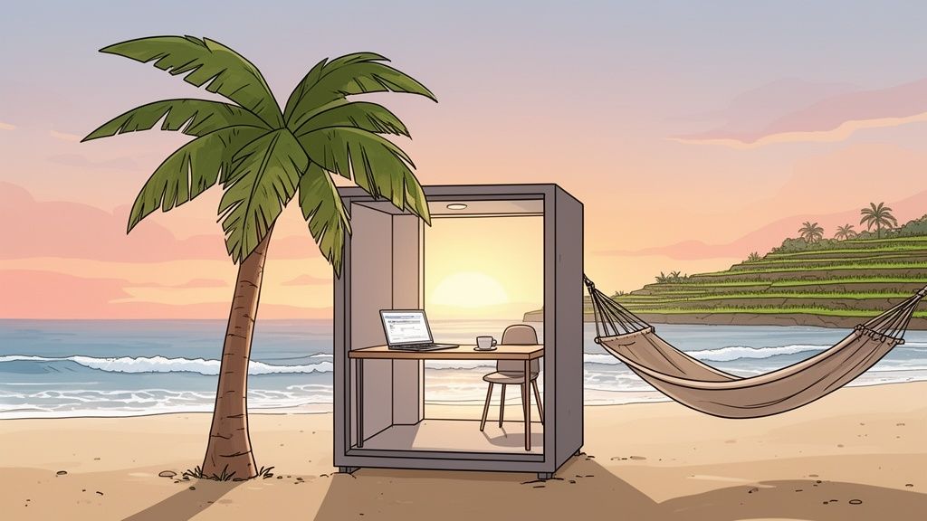 An office pod on a sandy beach with a laptop, palm tree, hammock, and ocean sunset.