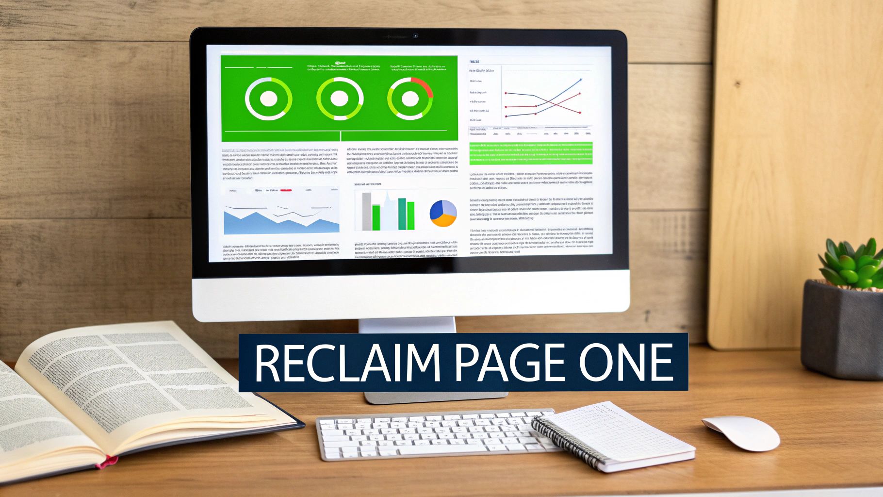 A desktop monitor displays business data, graphs, and charts, with an open book, keyboard, and mouse.