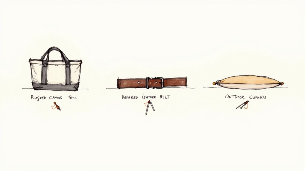 Watercolor illustration of a canvas tote bag, a leather belt, and an outdoor cushion, each with sewing tools.