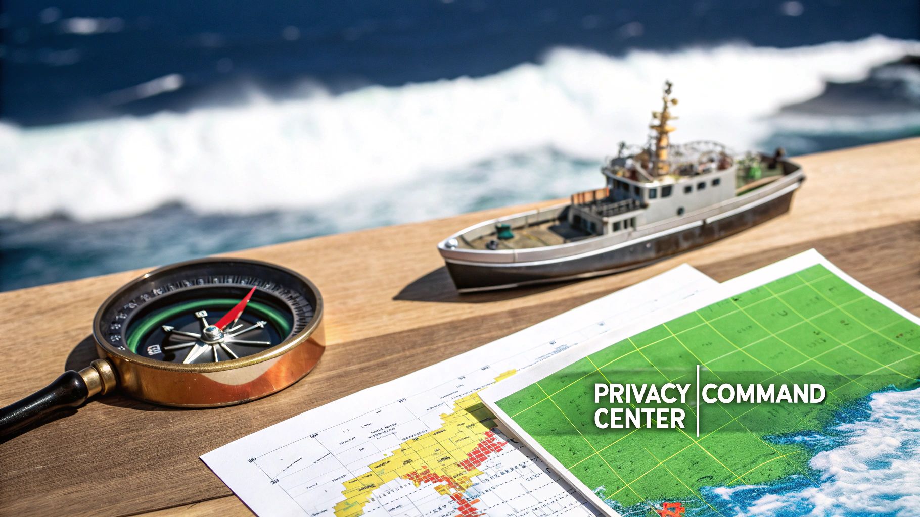 A compass, model ship, and maps with 'PRIVACY COMMAND CENTER' text, suggesting data navigation and strategy.