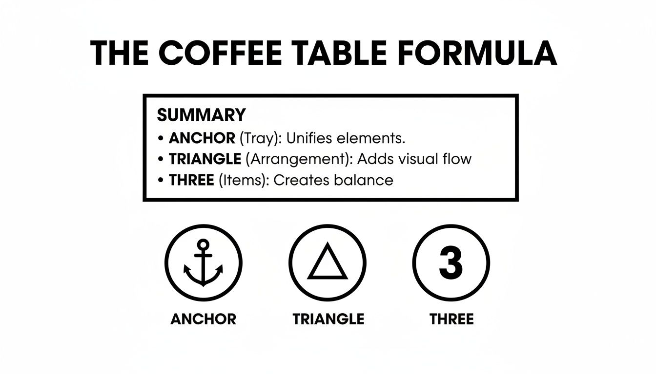 An infographic titled 'The Coffee Table Formula' summarizing three key styling principles: Anchor, Triangle, and Three for balance.