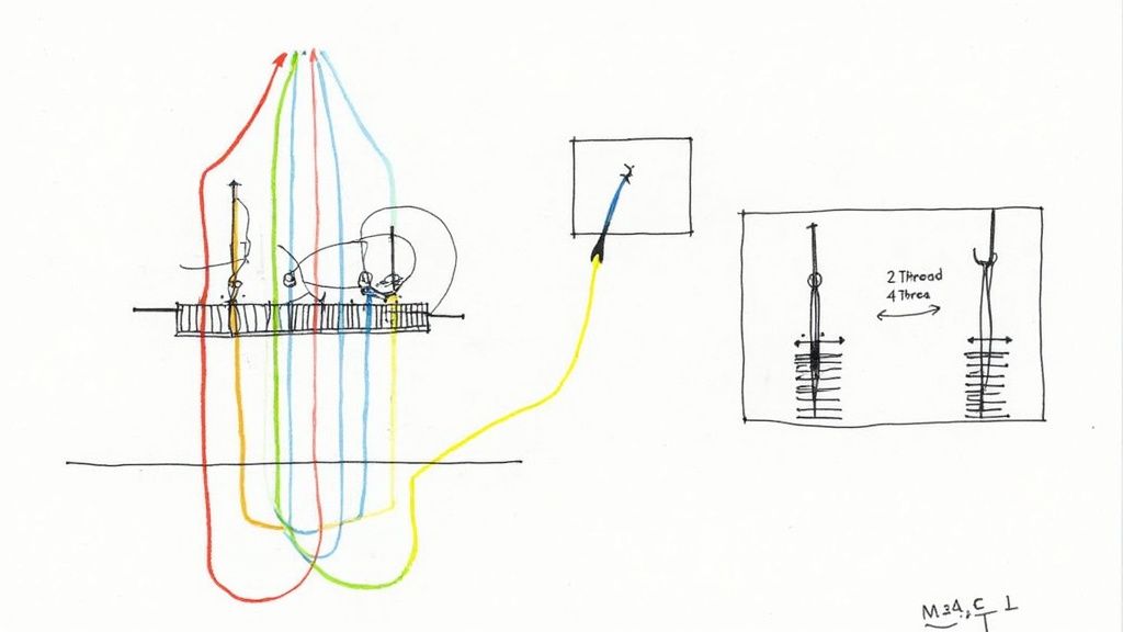 A hand-drawn diagram illustrating colored thread paths and 2 and 4-thread configurations for a serger machine.