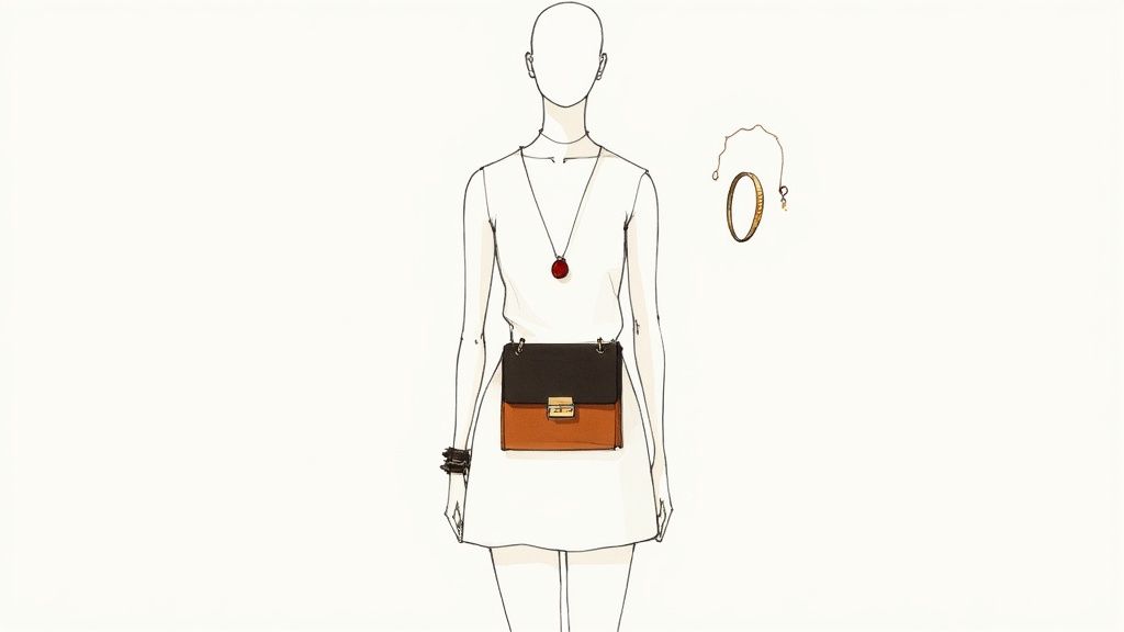 A woman confidently showcases a well-accessorized outfit featuring a handbag and necklace.