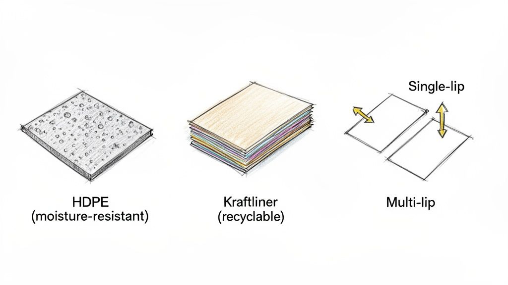 Illustrations showing HDPE (moisture-resistant), Kraftliner (recyclable), and single-lip/multi-lip structures.