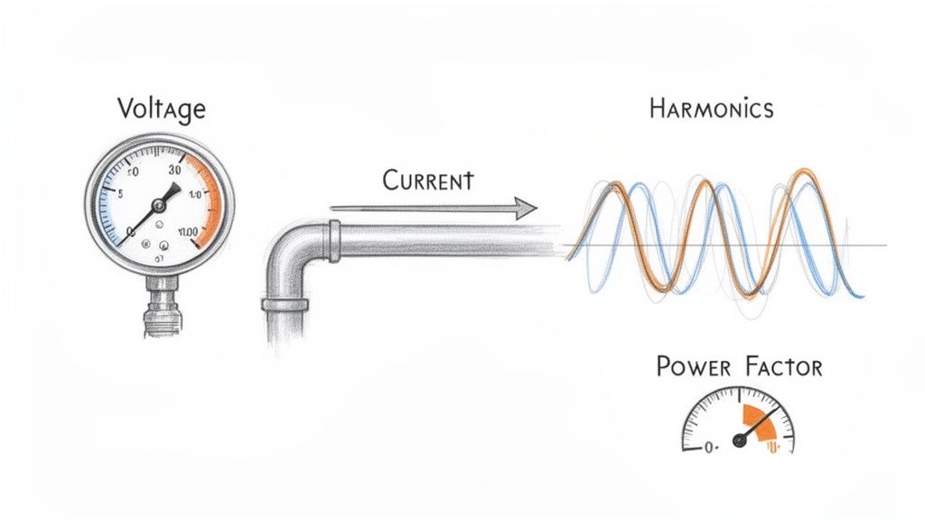 Diagram illustrating electrical concepts: voltage, current, harmonics, and power factor with gauges and waves.