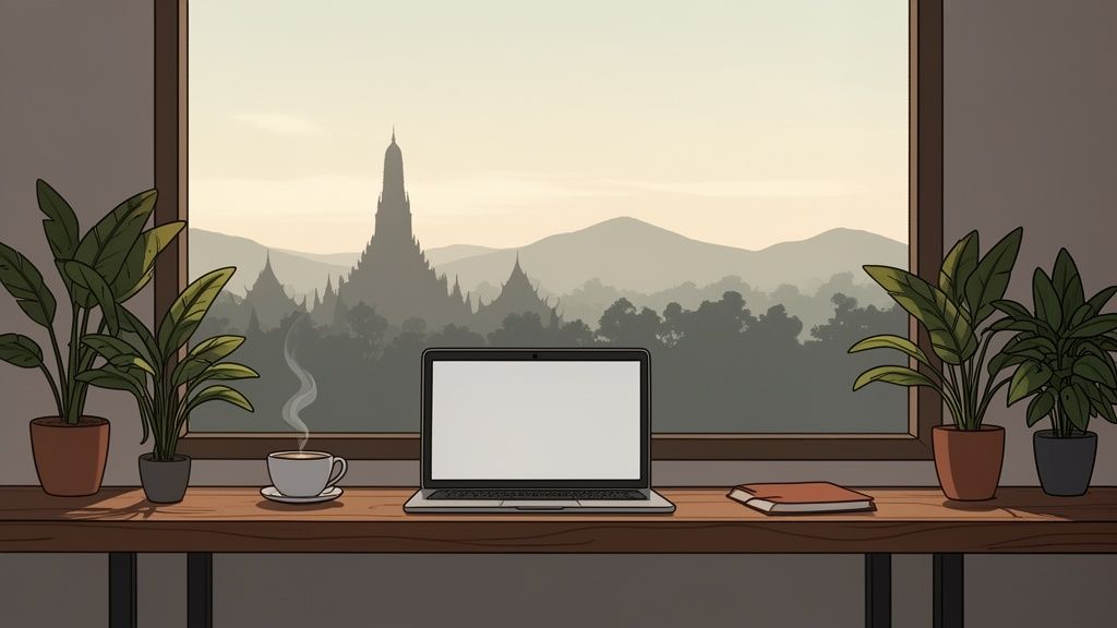 A remote workspace with a laptop, steaming coffee, and plants on a desk overlooking a serene temple landscape.