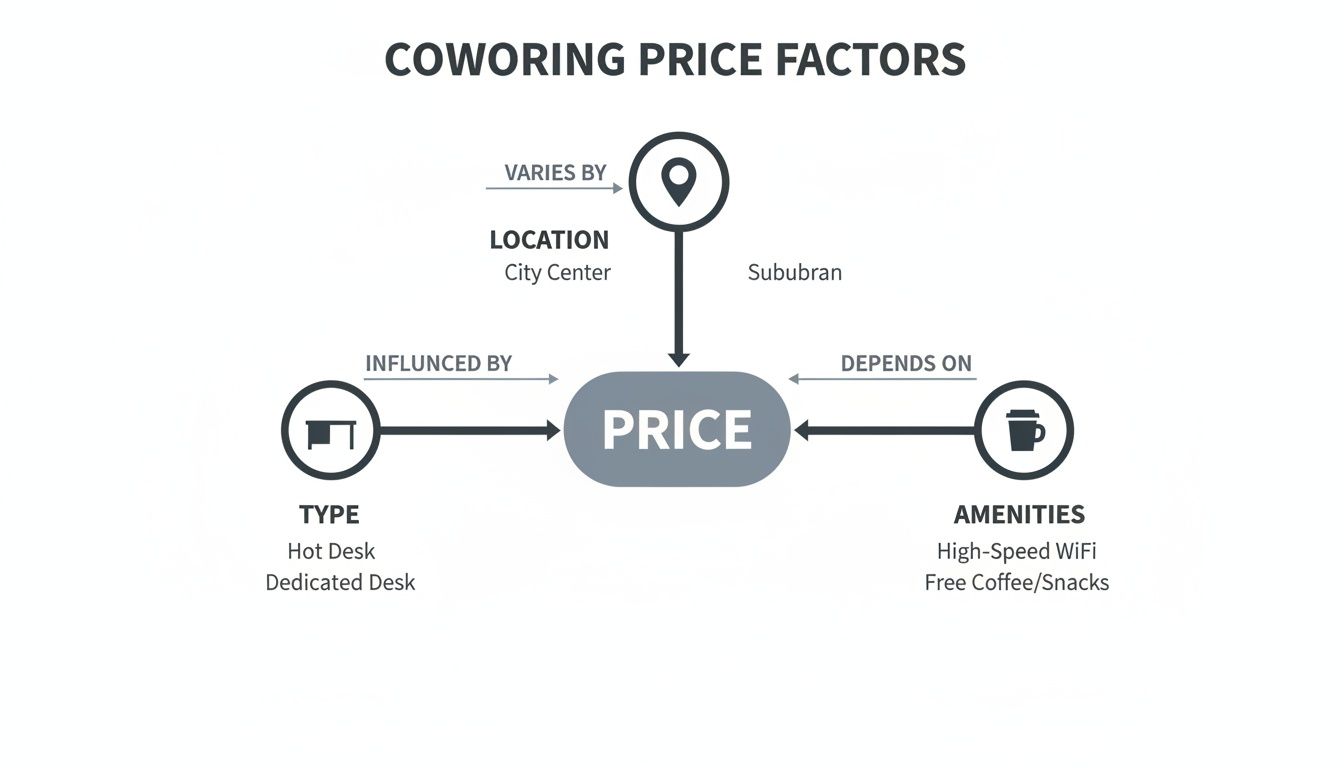 Diagram illustrating coworking space price factors like location, type, and amenities.