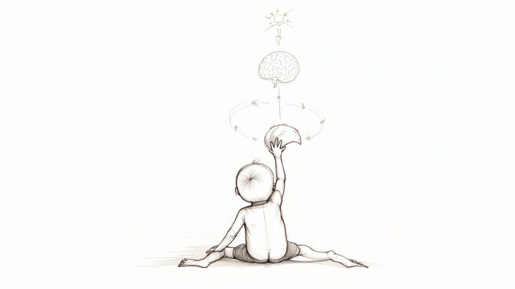 A baby playing with a Jellycat Tails Book, touching the different fabric tails.