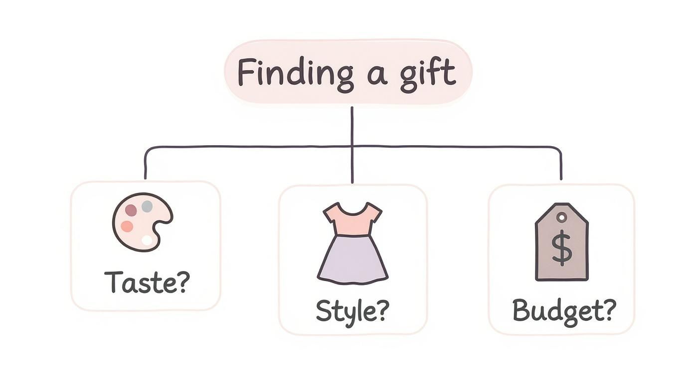 A mind map illustrating key considerations for finding a gift: taste, style, and budget.