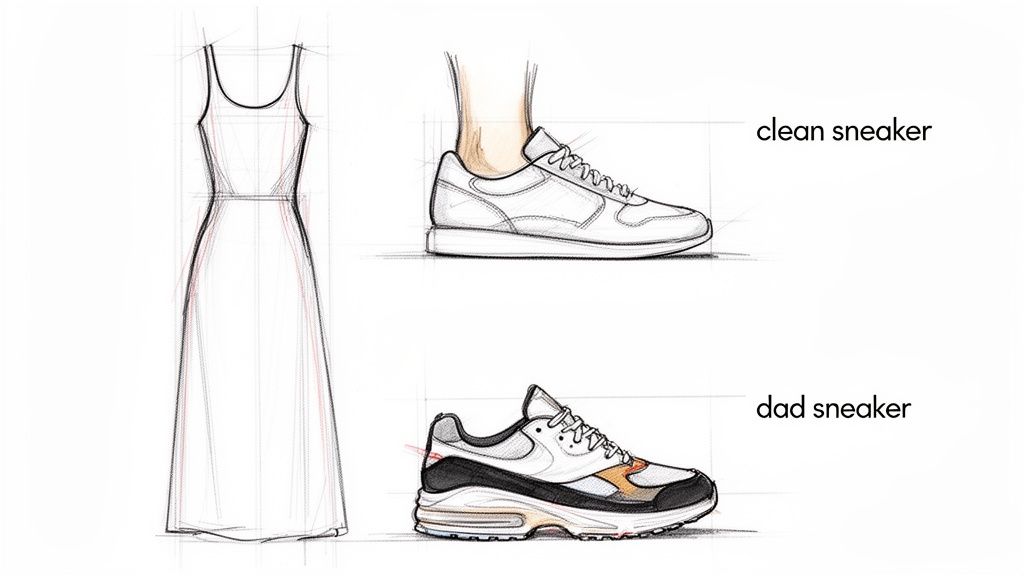 A fashion sketch showcasing a long dress paired with two types of sneakers: a clean white sneaker and a chunky 'dad' sneaker.