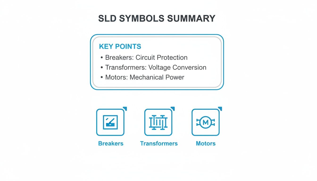 A summary of SLD symbols and their functions for breakers, transformers, and motors with respective icons.