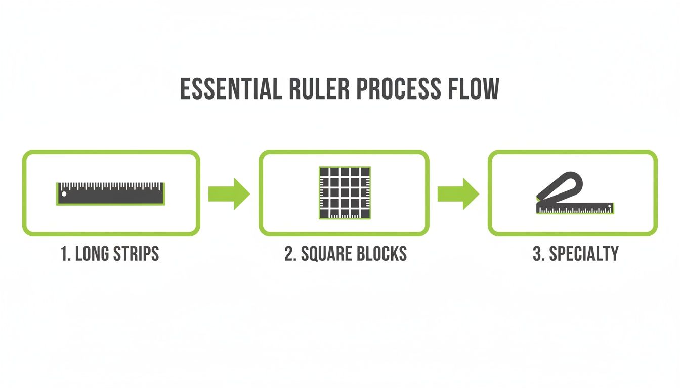 Flowchart illustrating the essential process of different quilting ruler types: long strips, square blocks, and specialty.