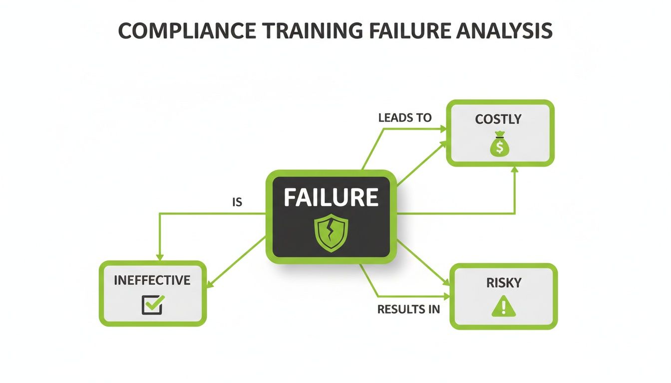 Diagram showing compliance training failure leads to ineffective, costly, and risky outcomes.
