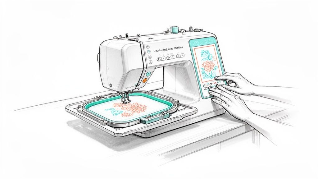 A person's hands operate a modern embroidery machine with a floral design on the screen and fabric hoop.