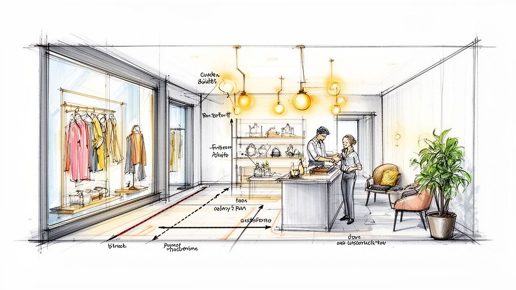 A detailed sketch of a boutique store interior showcasing clothing, accessories, and customer service area.