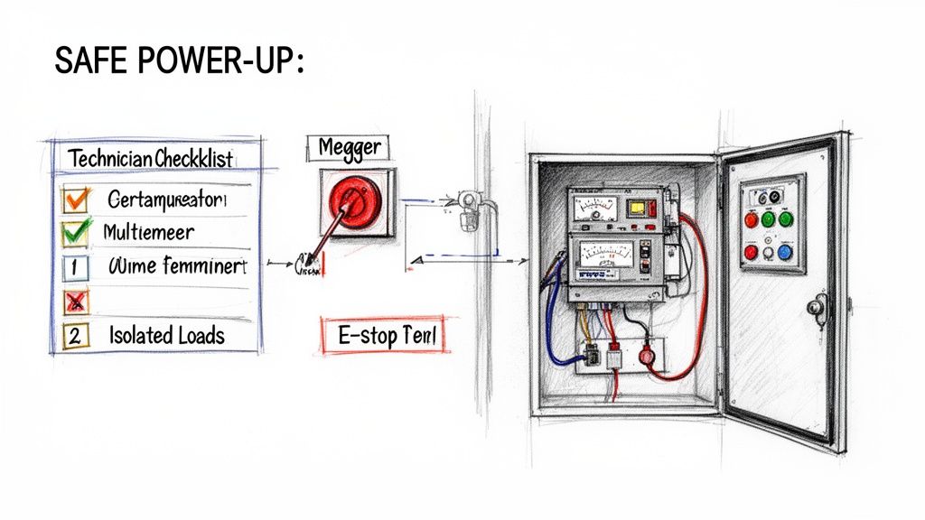 A diagram illustrating a safe power-up procedure with a technician checklist, Megger, and electrical control panel.