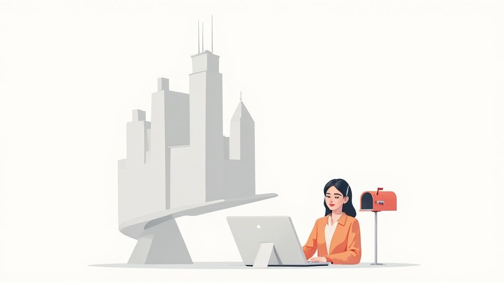 A professional works on a laptop in a modern, well-lit space, reflecting the blend of physical presence and digital efficiency offered by a virtual office.