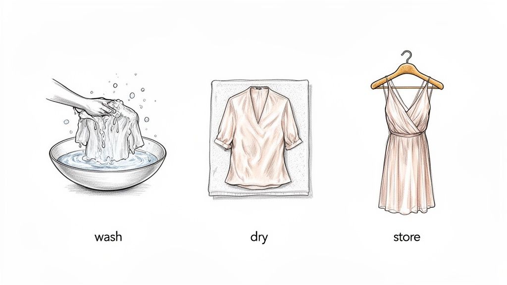 Three illustrations depicting the process of silk clothing care: hand washing, drying flat, and storing on a hanger.