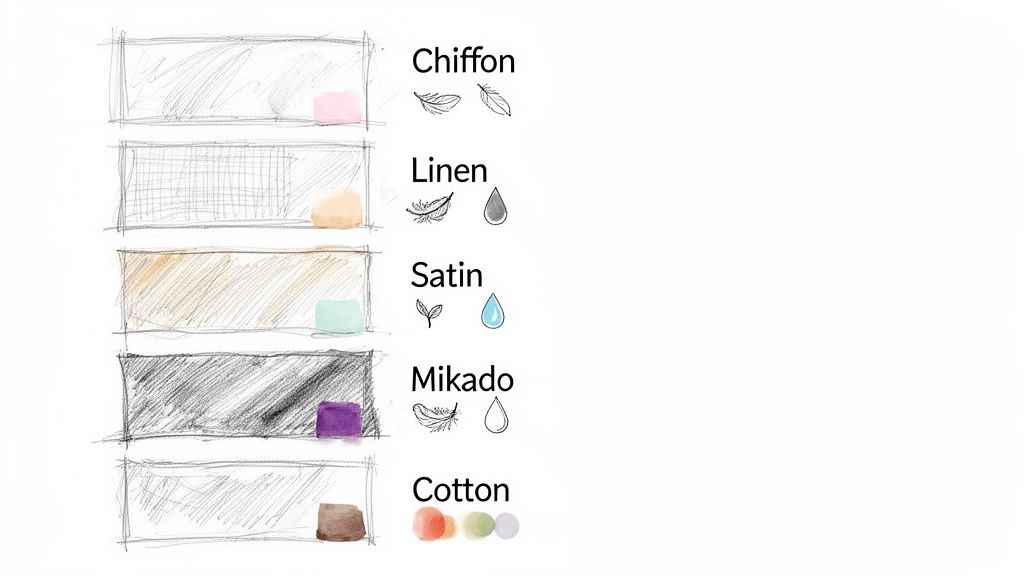 A detailed sketch comparing five fabric types: Chiffon, Linen, Satin, Mikado, and Cotton, with color swatches.