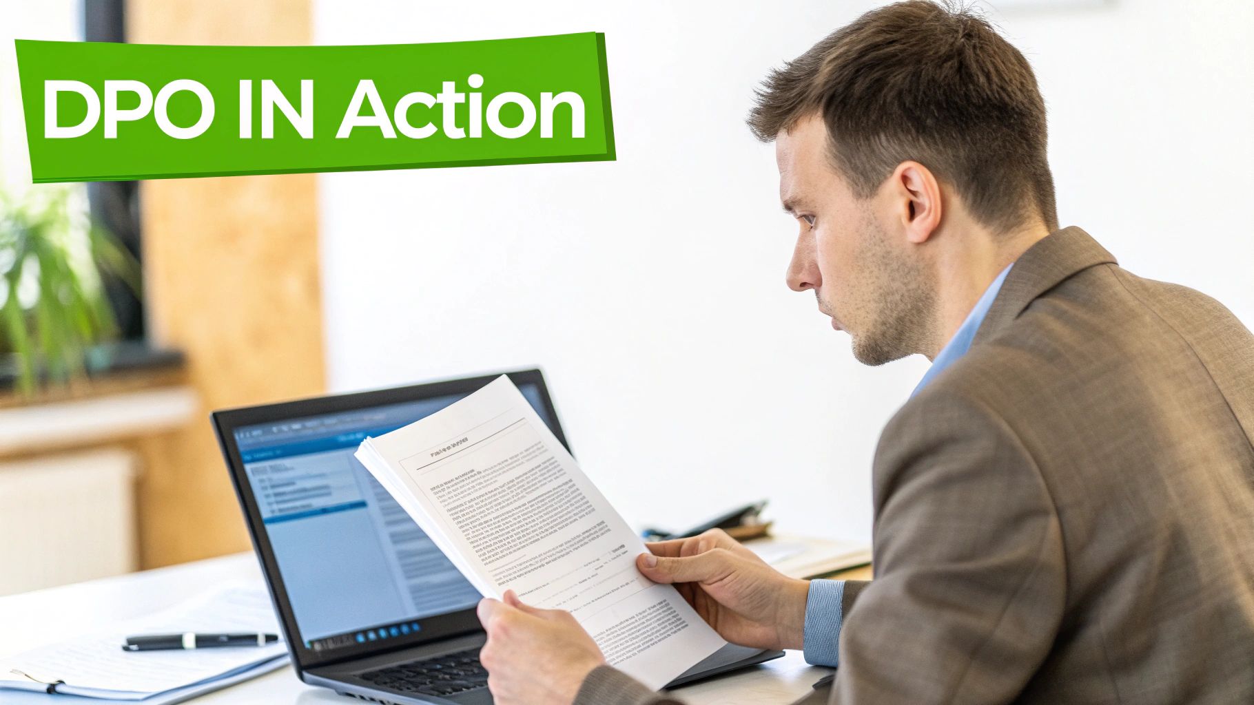 A man in a brown suit intently reads documents at a desk with a laptop, under a 'DPO IN Action' banner.