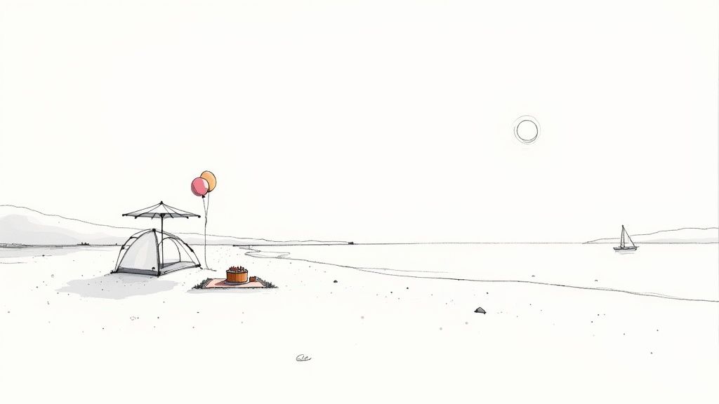 A minimalist drawing of a beach birthday party with a tent, balloons, cake, and a sailboat.