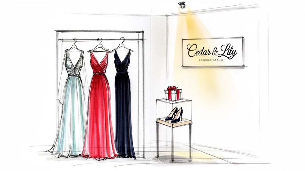 A hand-drawn sketch of a boutique interior featuring three elegant long dresses, high heels, and a gift box under a spotlight, with a 'Cedar & Lily' sign.