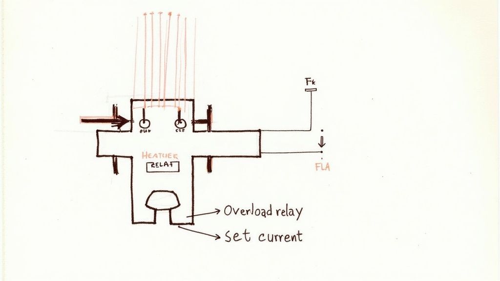 Hand-drawn electrical diagram illustrating an overload relay with set current and connections.