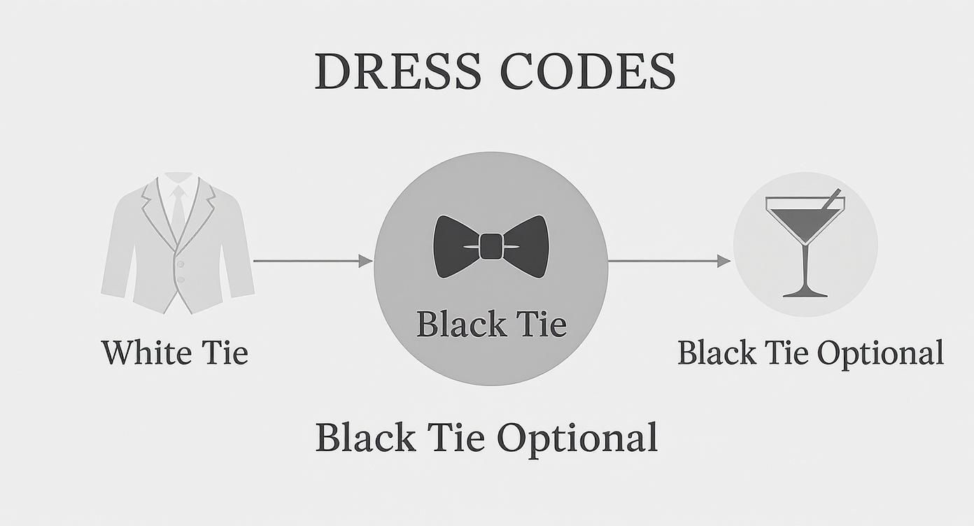 A diagram showing dress codes: White Tie, Black Tie, and Black Tie Optional.