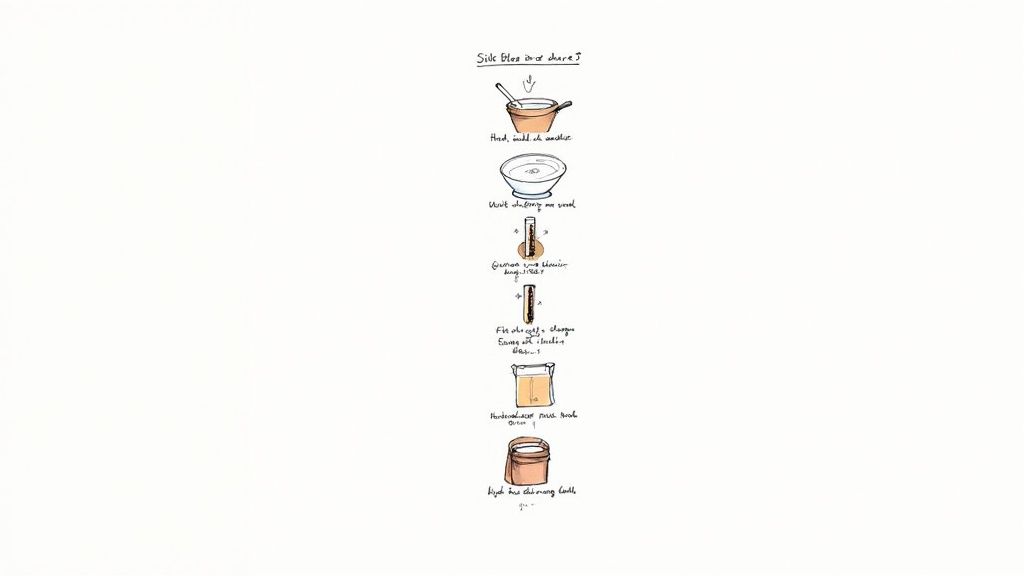 Hand-drawn illustrations show a multi-step process with bowls, ingredients, and tools, on a white background.
