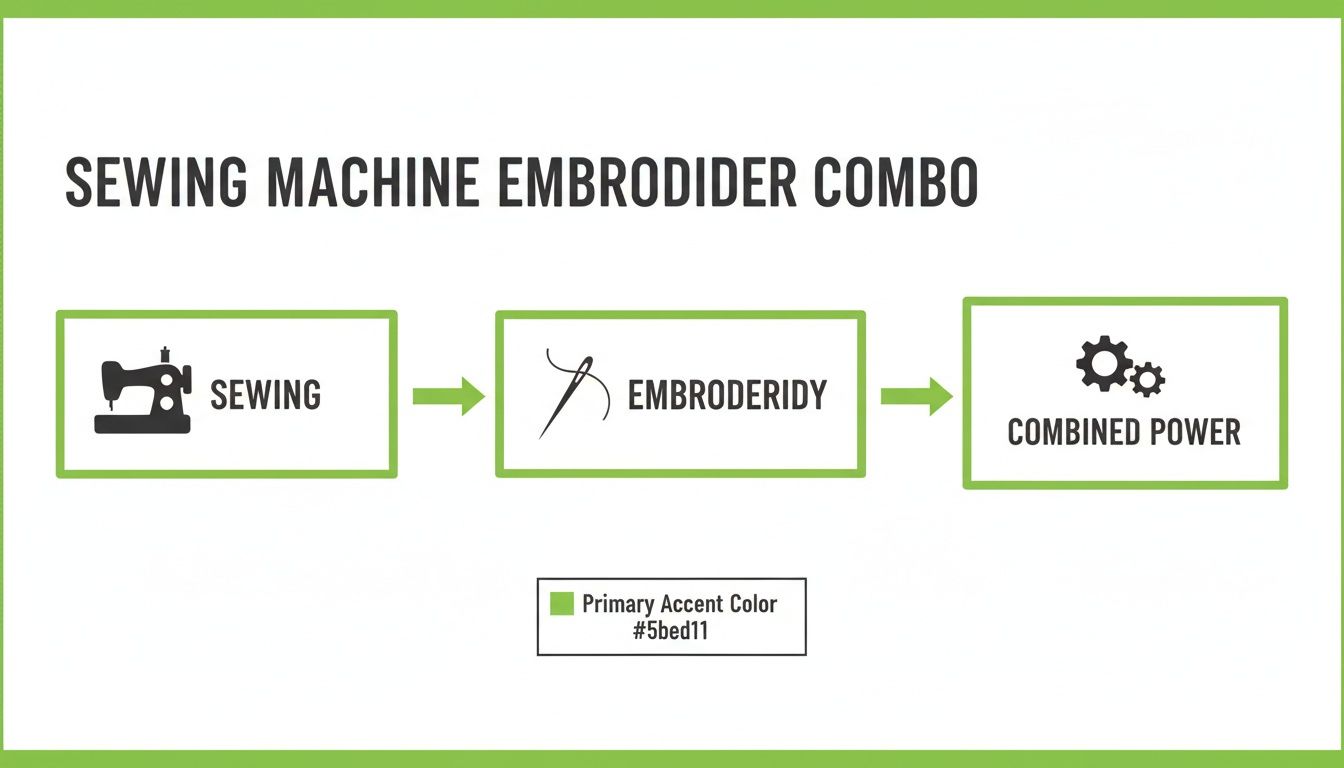 Flowchart showing a sewing machine and embroidery combining to create combined power.