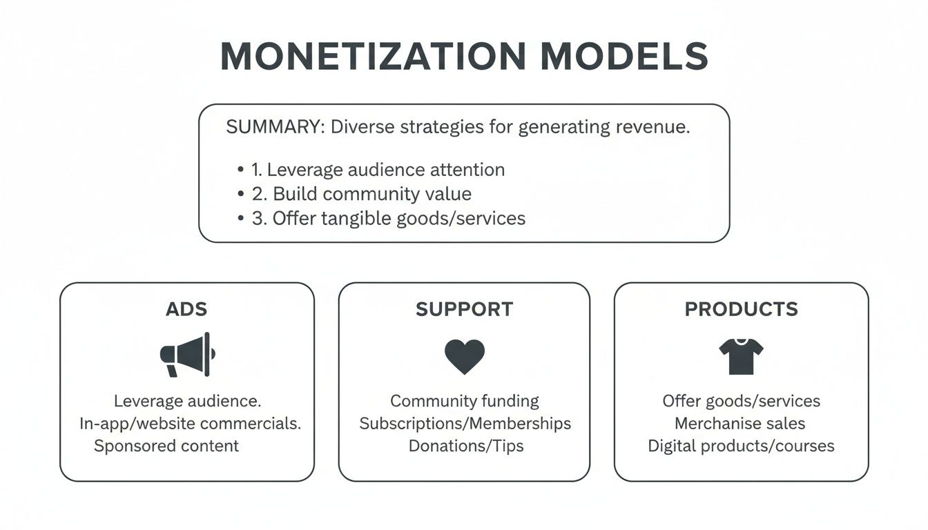 A professional-looking flowchart on a clean background showing the main pillars of podcast monetization: Advertising, Direct Support, and Products/Services.